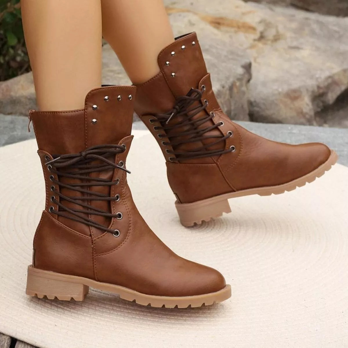 Studded Lace-Up Boots - Caramel