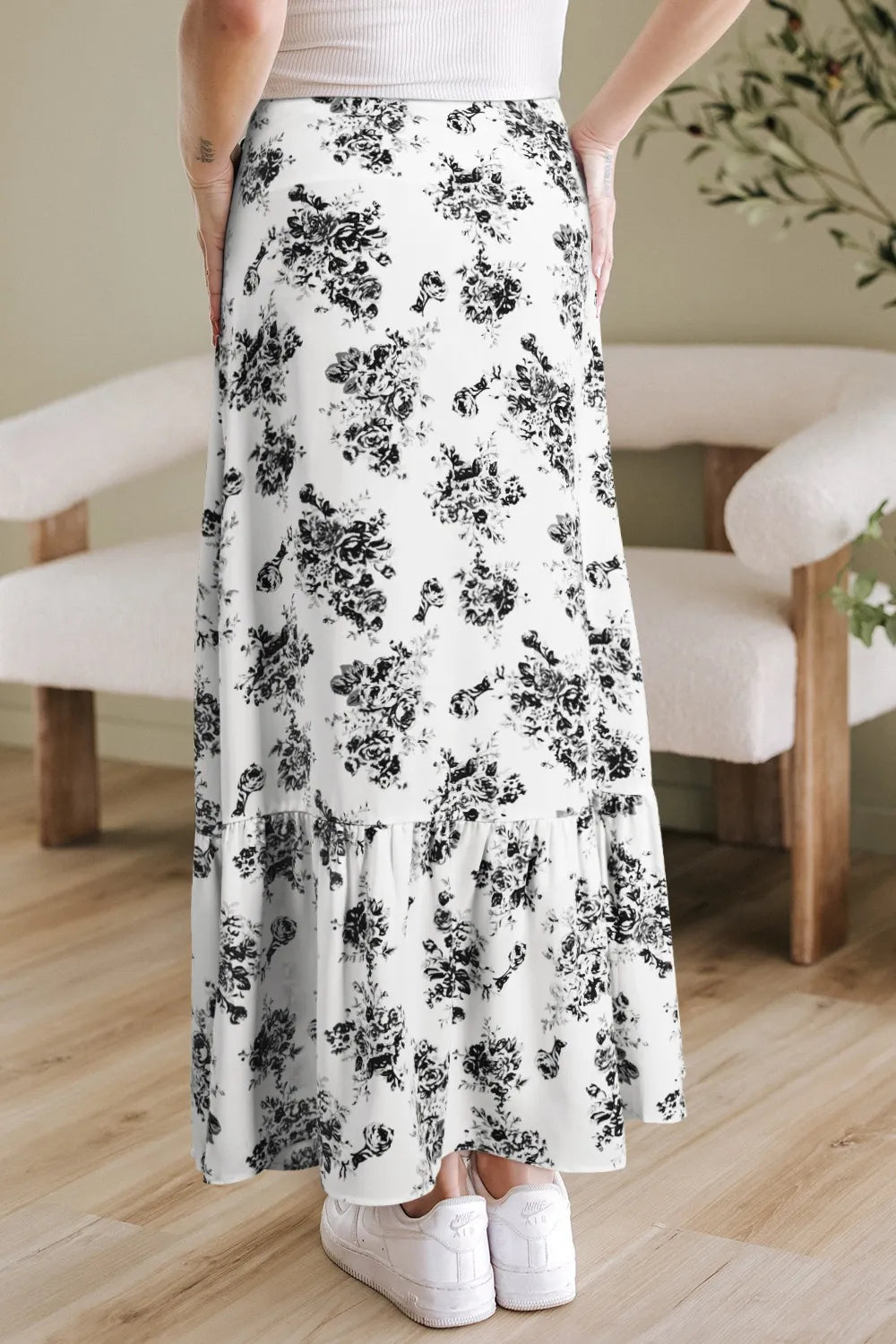 Boho Floral High Waist Ruffle Split Maxi Skirt -