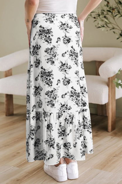 Boho Floral High Waist Ruffle Split Maxi Skirt -