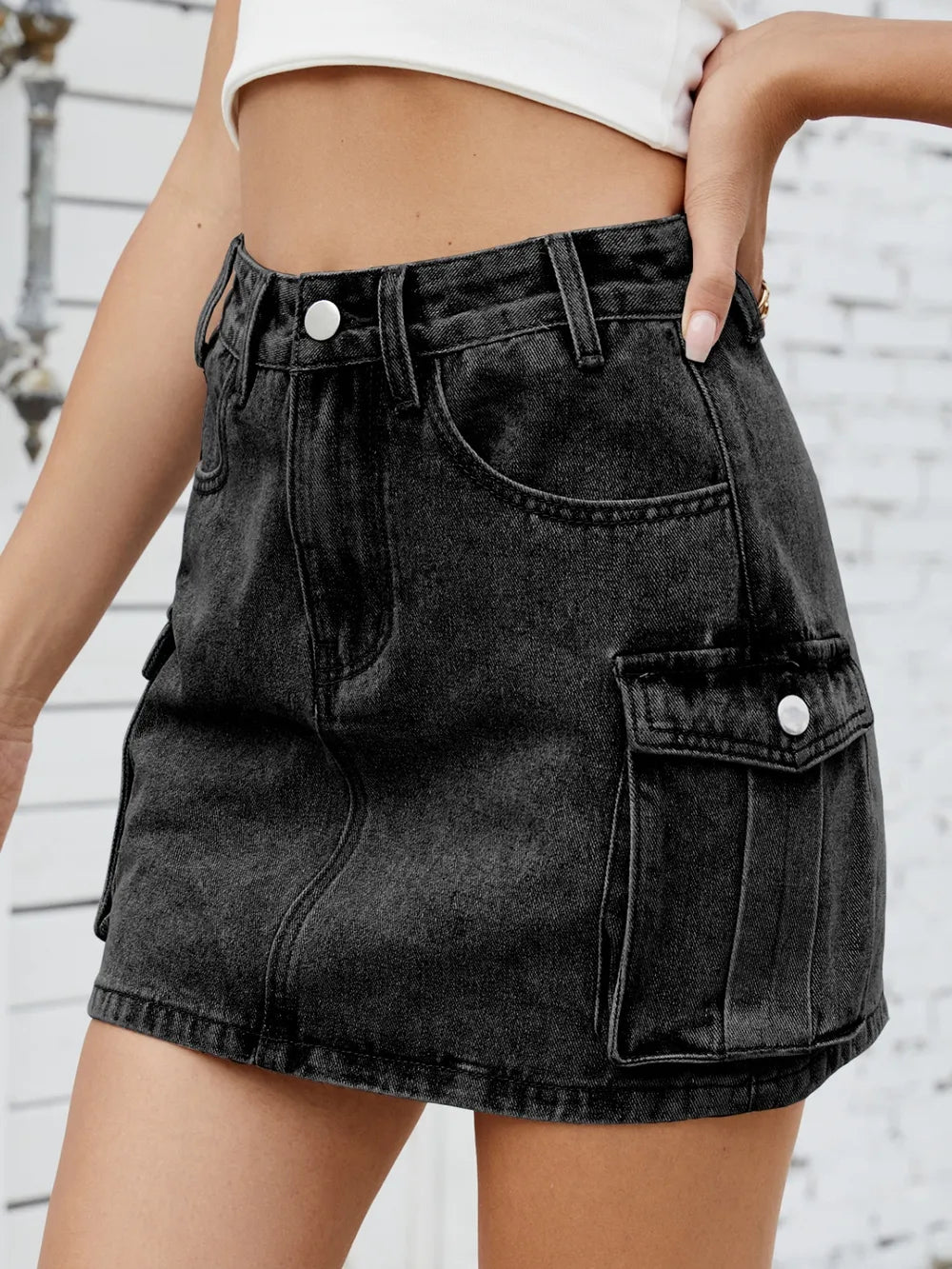 Cargo Denim Skirt - Black