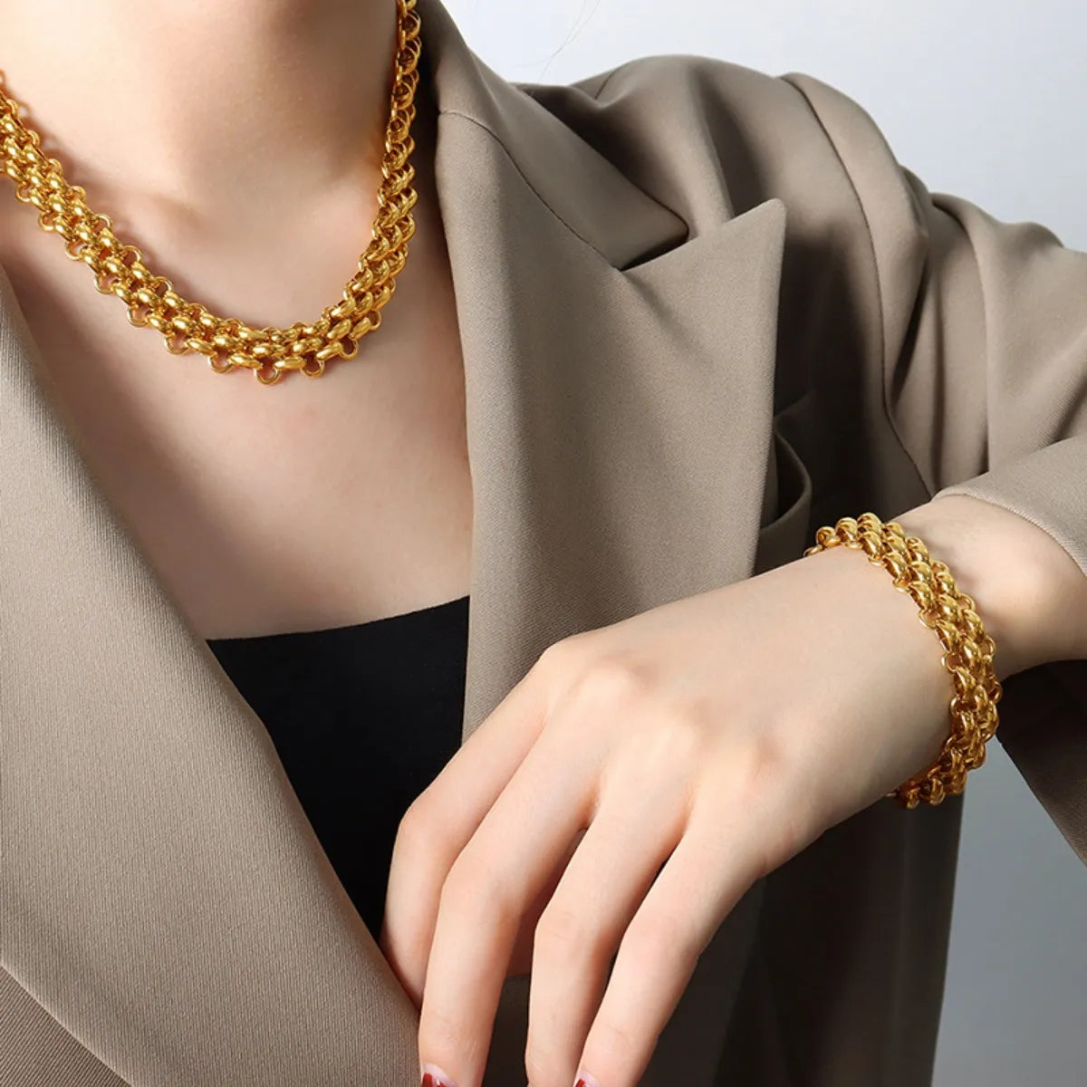 Gold Chain Link Jewelry Set with Necklace and Bracelet -