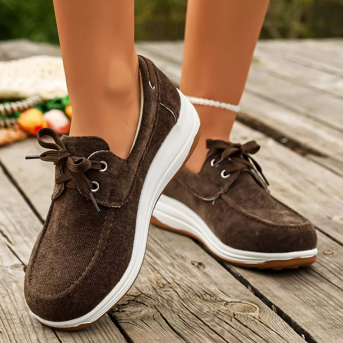 Lace Up Round Toe Sneakers - Light Brown