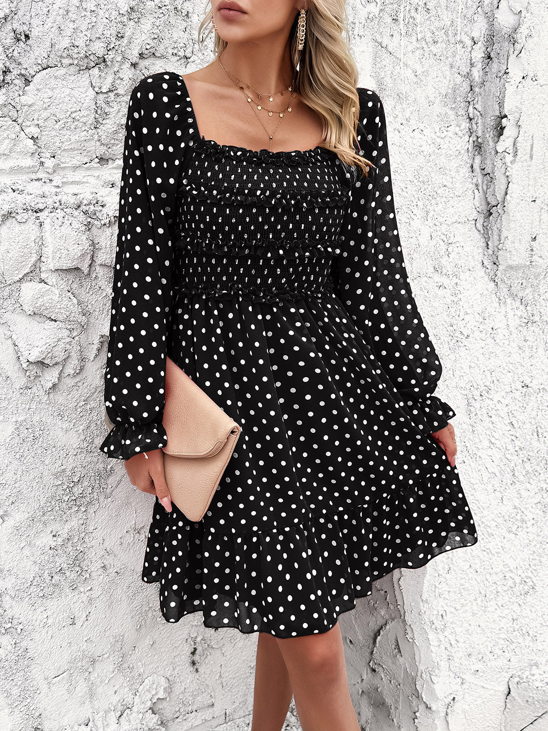 Smocked Polka Dot Long Sleeve Dress | AdoreStarr