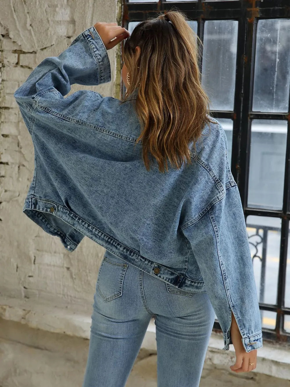 Button Down Drop Shoulder Denim Jacket -