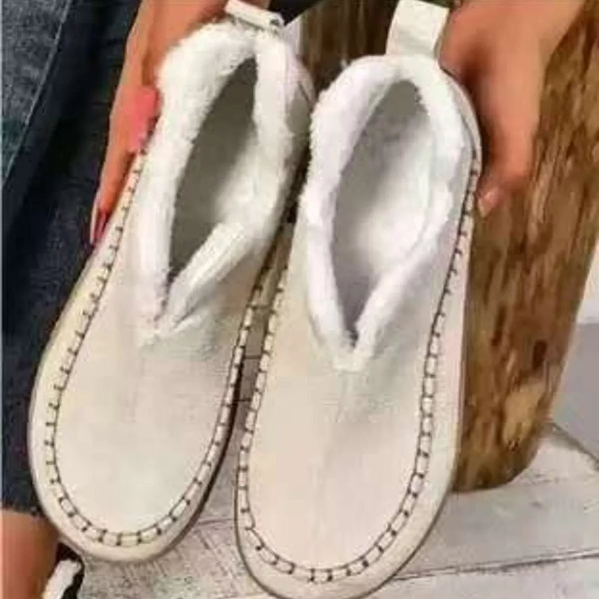 Round Toe Sherpa-Lined Slip-Ons - Beige