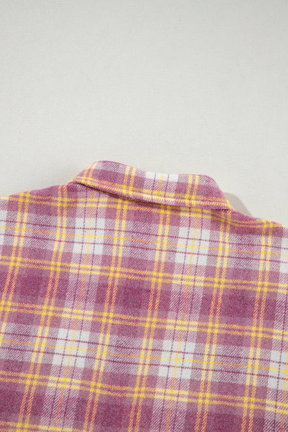Plaid Collared Neck Button Up Shacket - Pink