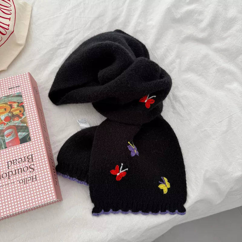 Butterfly Embroidered Knitted Scarf - Black One Size