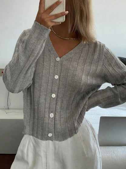 Ribbed Button-Up V-Neck Cardigan - Gray