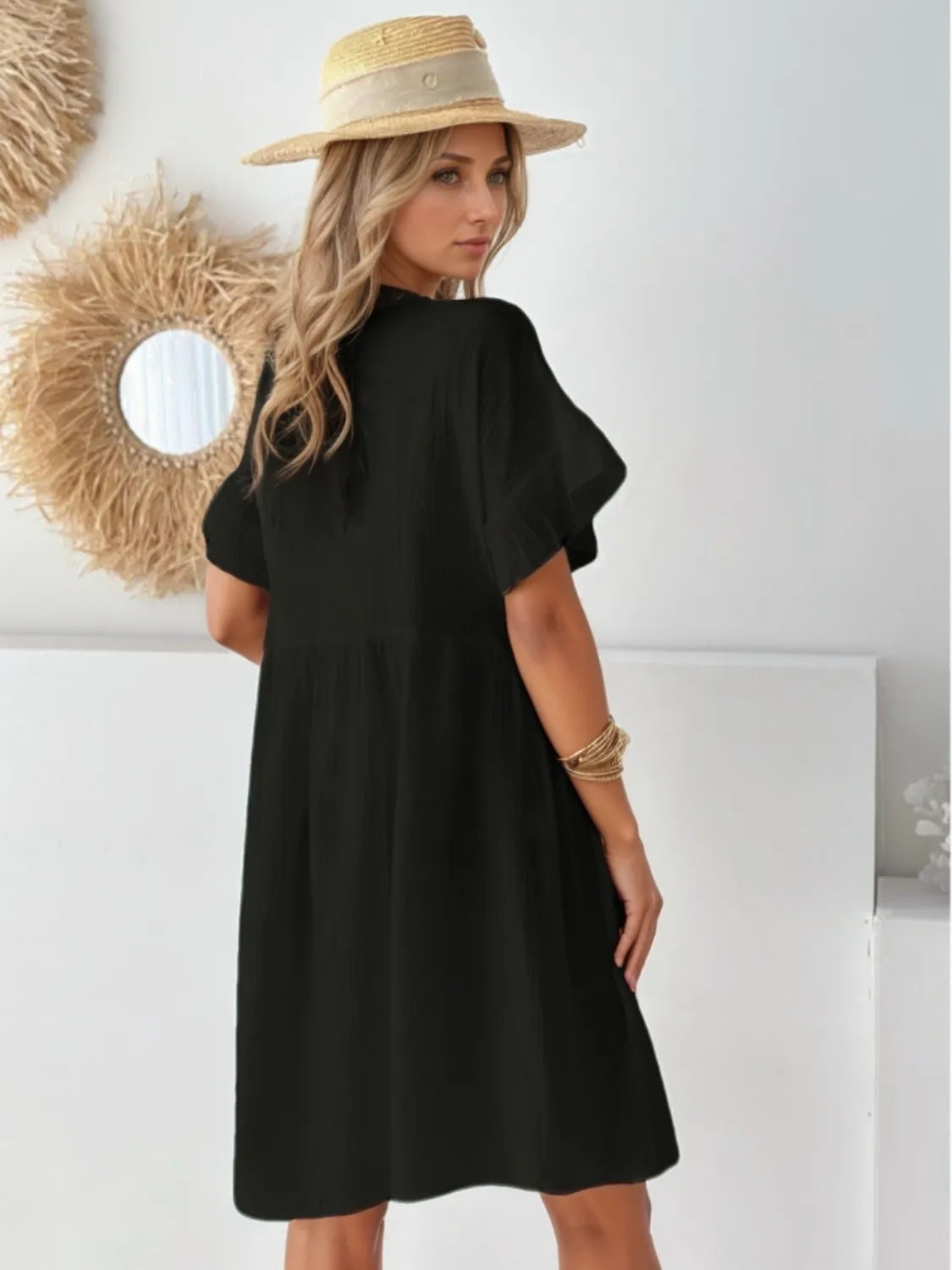 Round Neck Short Sleeve Mini Dress -