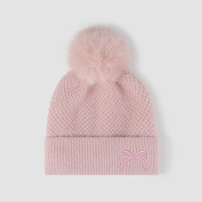 Thermal Bow Knit Hat with Pompom - Pink One Size