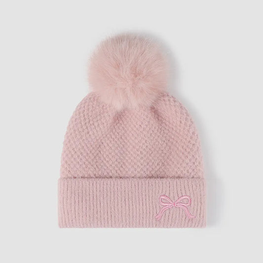 Thermal Bow Knit Hat with Pompom - Pink One Size