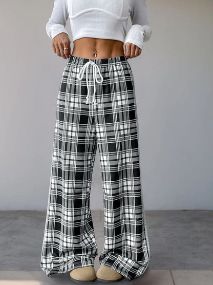 Drawstring Plaid Wide Leg Pants - Black