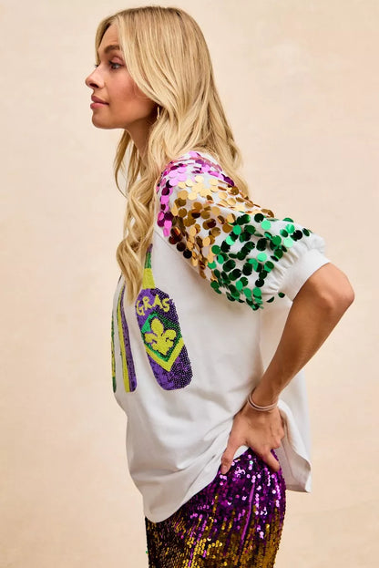 Sequin Mardi Gras Bottles Spangled Sleeve Top -