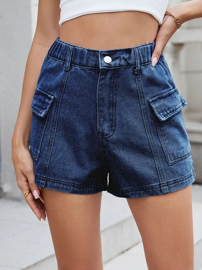 High Waist Cargo Denim Shorts - Deep Blue