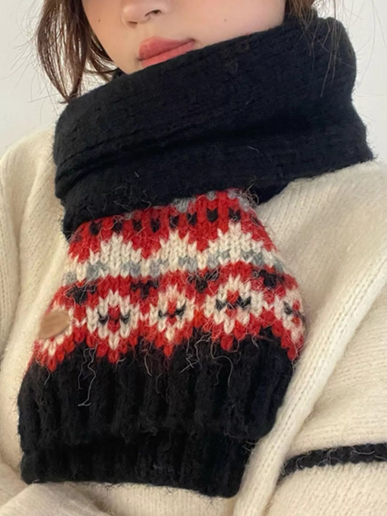 Nordic Pattern Knitted Winter Scarf - Black One Size