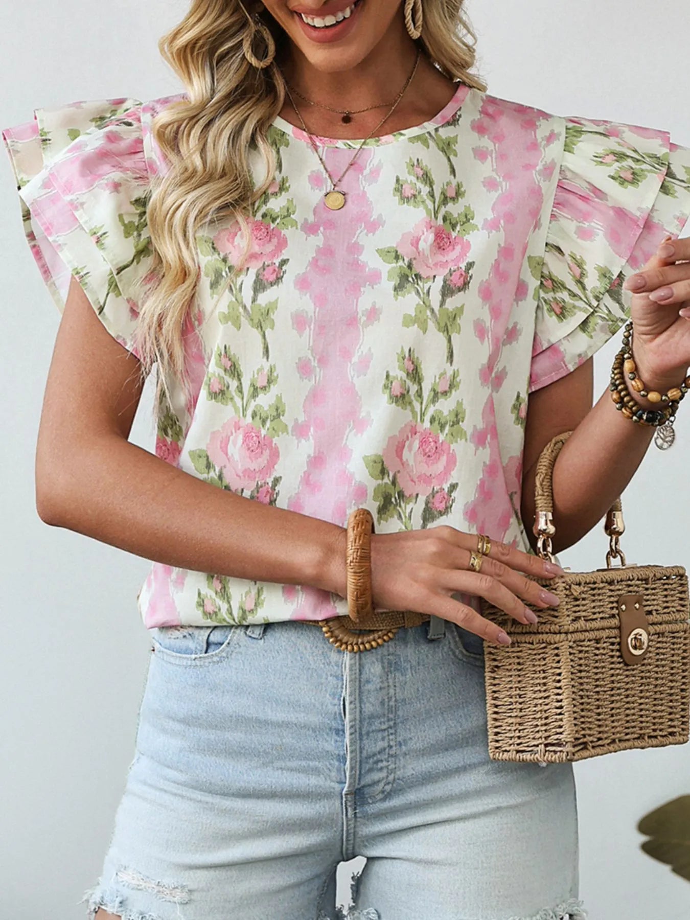 Floral Print Ruffled Sleeve Blouse -
