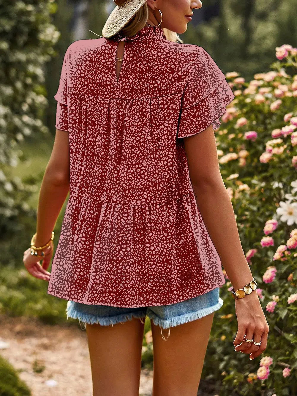 Printed Ruffle Sleeve Babydoll Blouse - Red