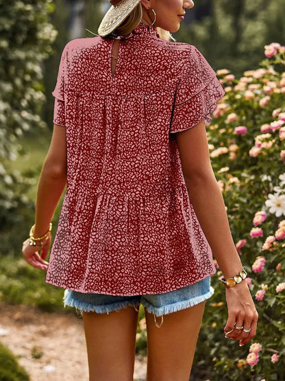 Printed Ruffle Sleeve Babydoll Blouse - Red