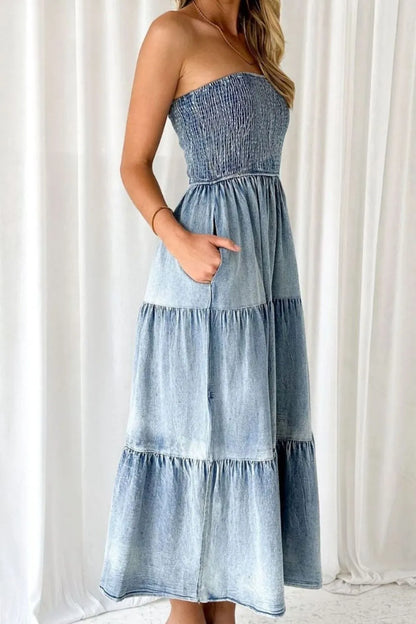 Smocked Tube Slit Tiered Denim Dress -