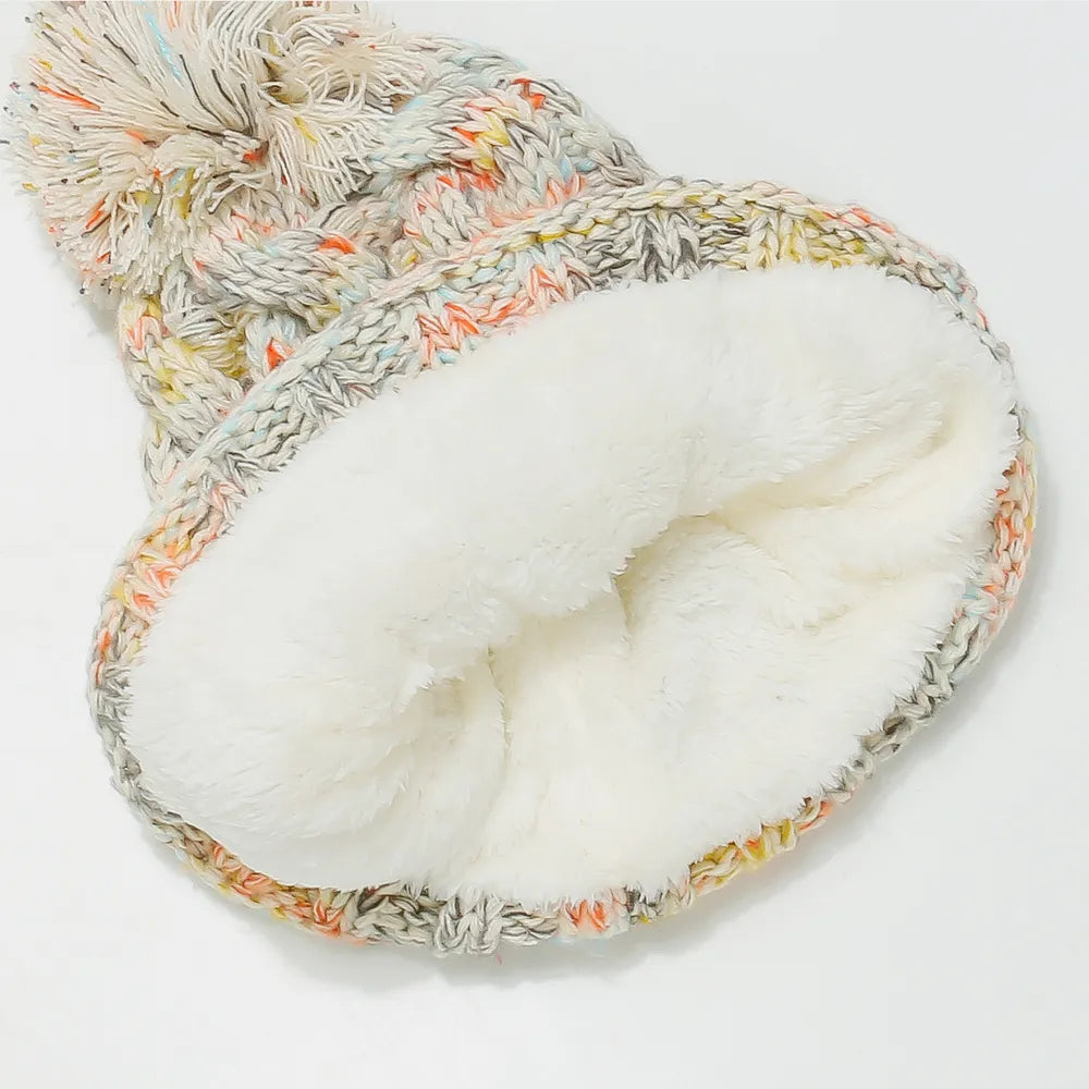 Contrast Cable-Knit Hat with Pompom -