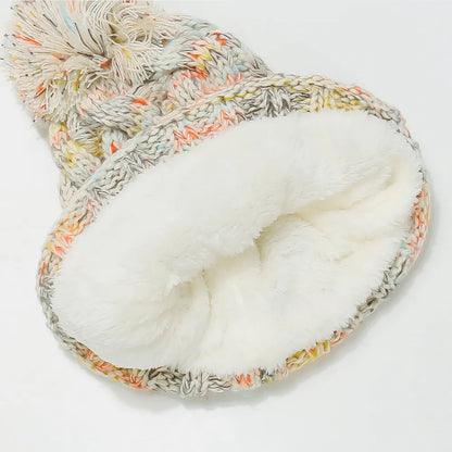 Contrast Cable-Knit Hat with Pompom -