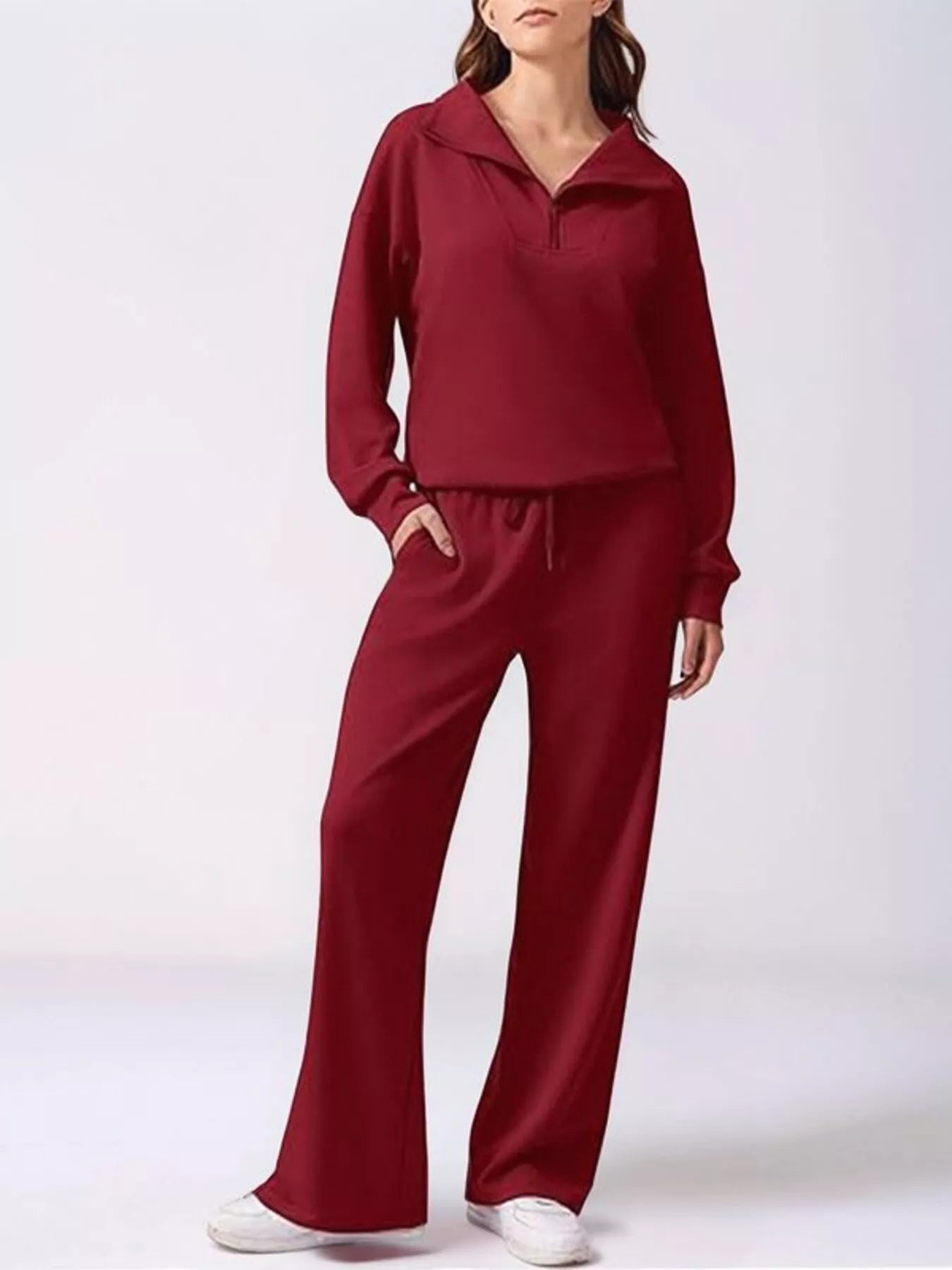 Relaxed Fit Quarter-Zip Top and Pants Set - Wine Red