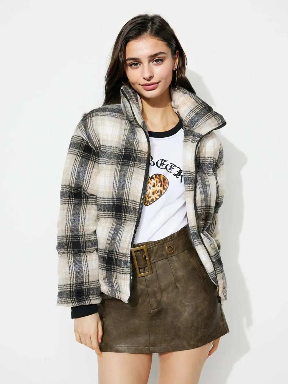 Plaid Zip Up Long Sleeve Jacket - Gray