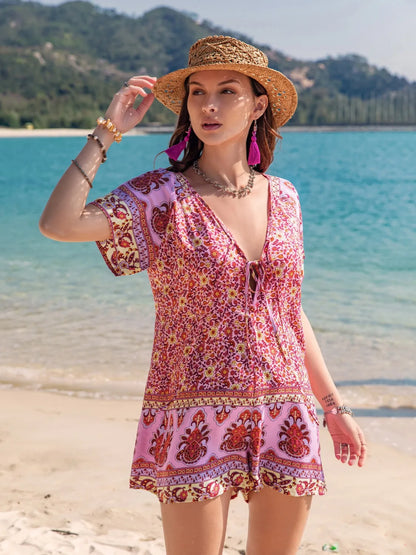 Printed V-Neck Short Sleeve Romper - Deep Rose