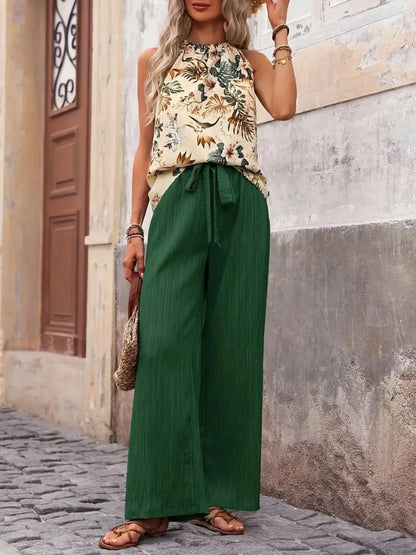 Printed Tank Top and Wide Leg Pants Set -