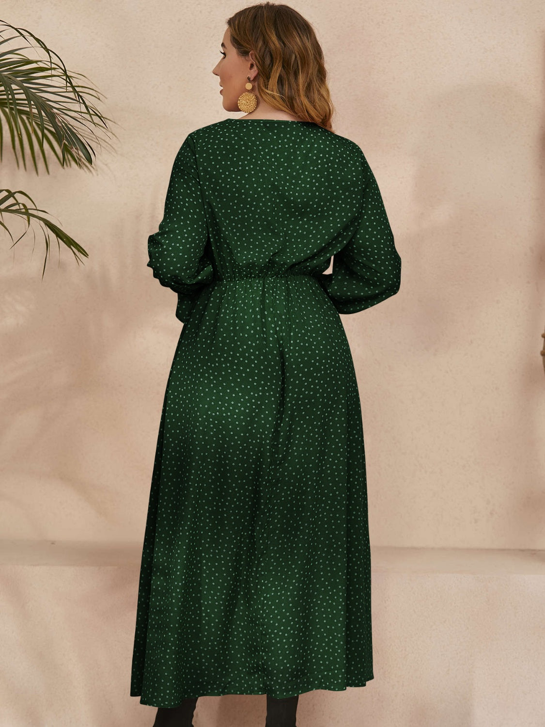 Plus Size Ruffled Polka Dot Long Sleeve Midi Dress - Dark Green