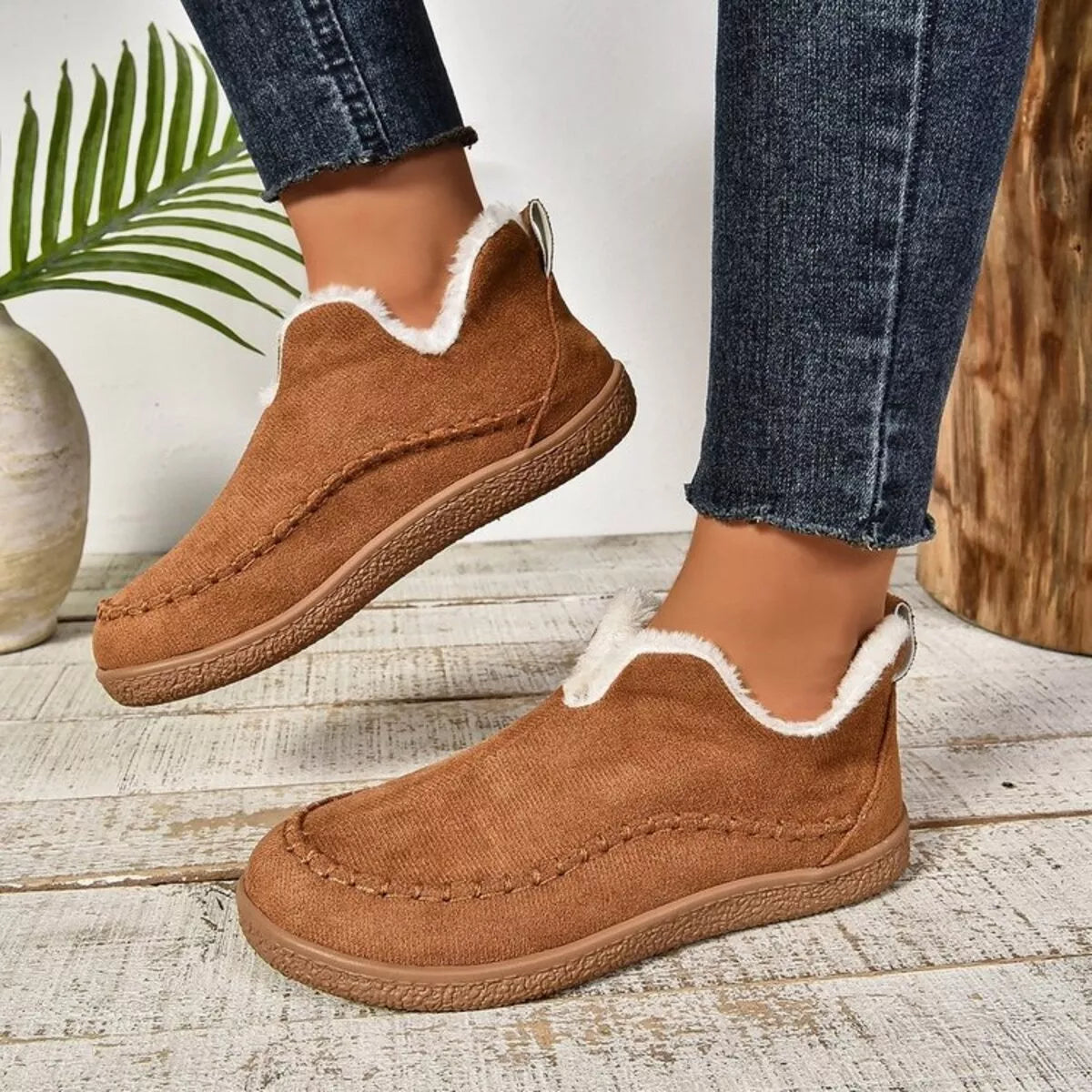 Round Toe Sherpa-Lined Slip-Ons - Caramel