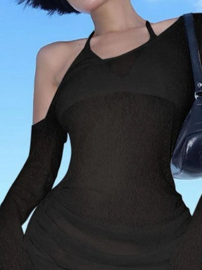 One-Shoulder Bell Sleeve Ruched Mini Cover-Up Dress -