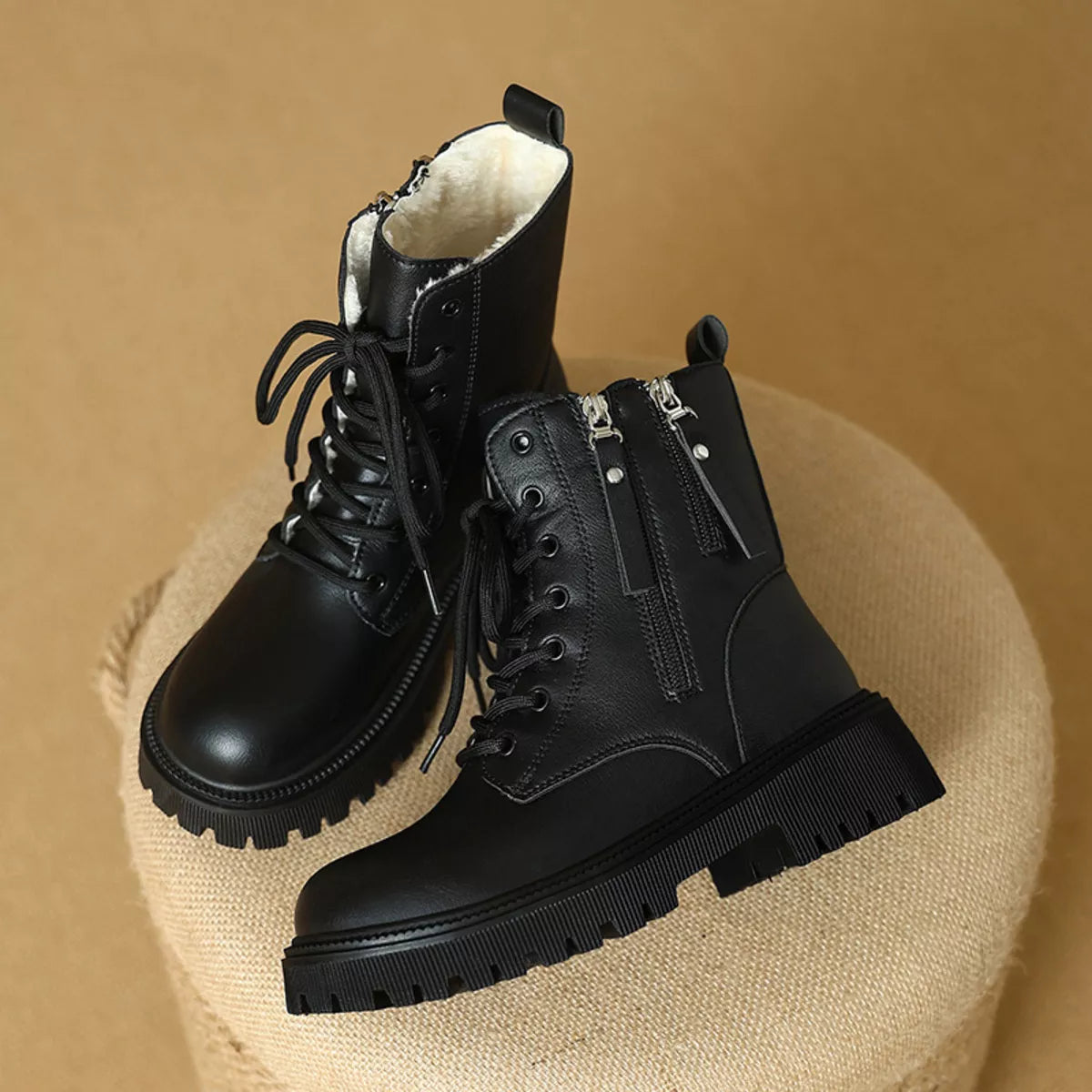 Lace-Up Ankle Combat Boots - Black Fleece