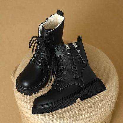 Lace-Up Ankle Combat Boots - Black Fleece