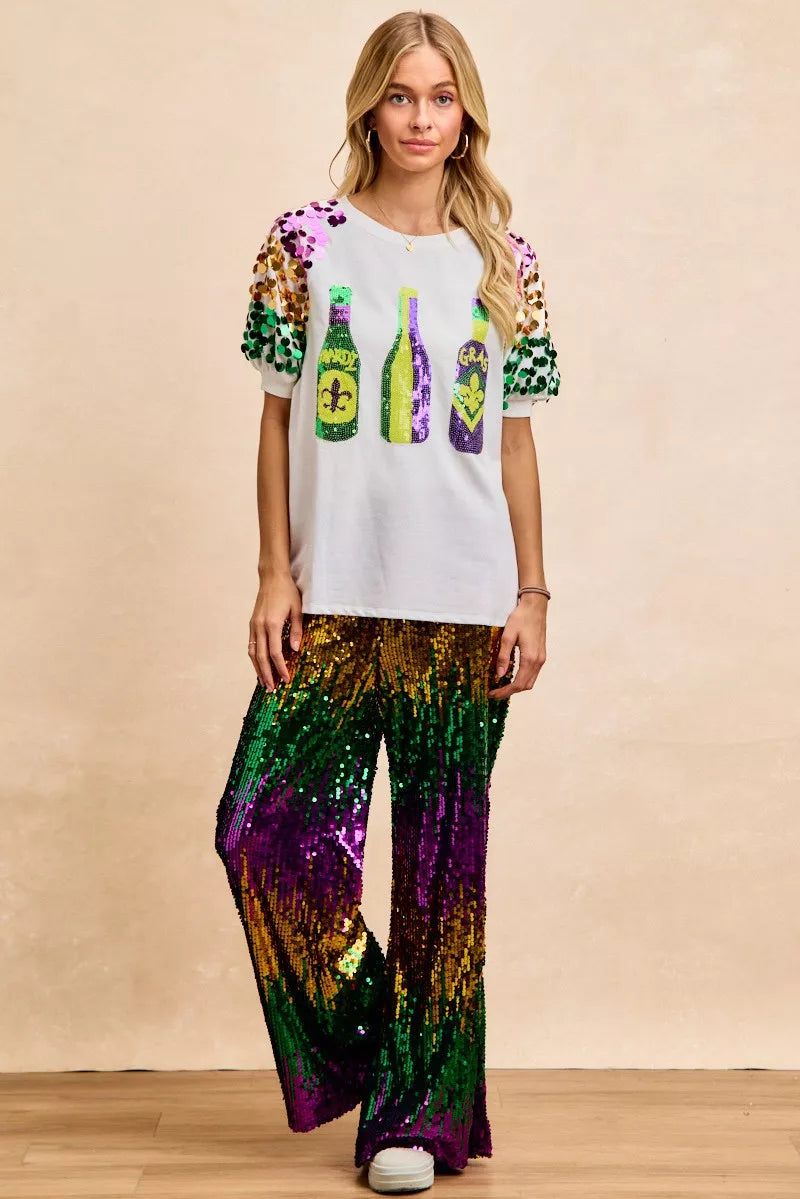 Sequin Mardi Gras Bottles Spangled Sleeve Top -