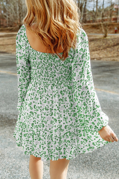 Smocked Floral Square Neck Balloon Sleeve Dress - Green