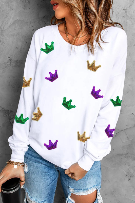Crown Sequin Round Neck Sweatshirt - White
