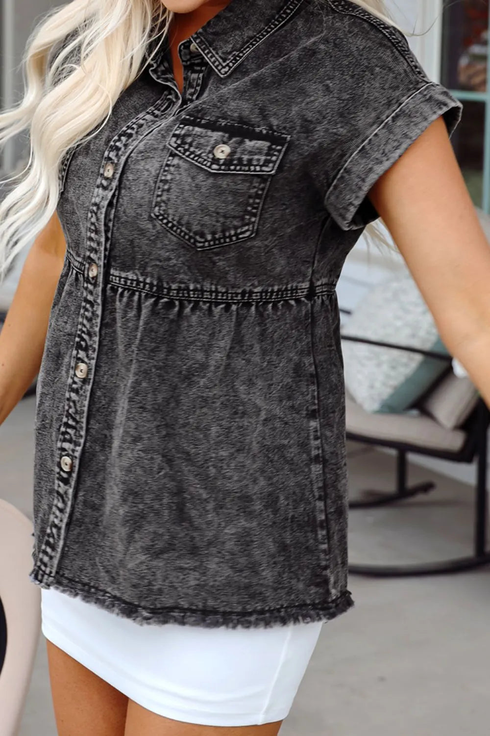 Flap Pocket Button Up Denim Shirt -