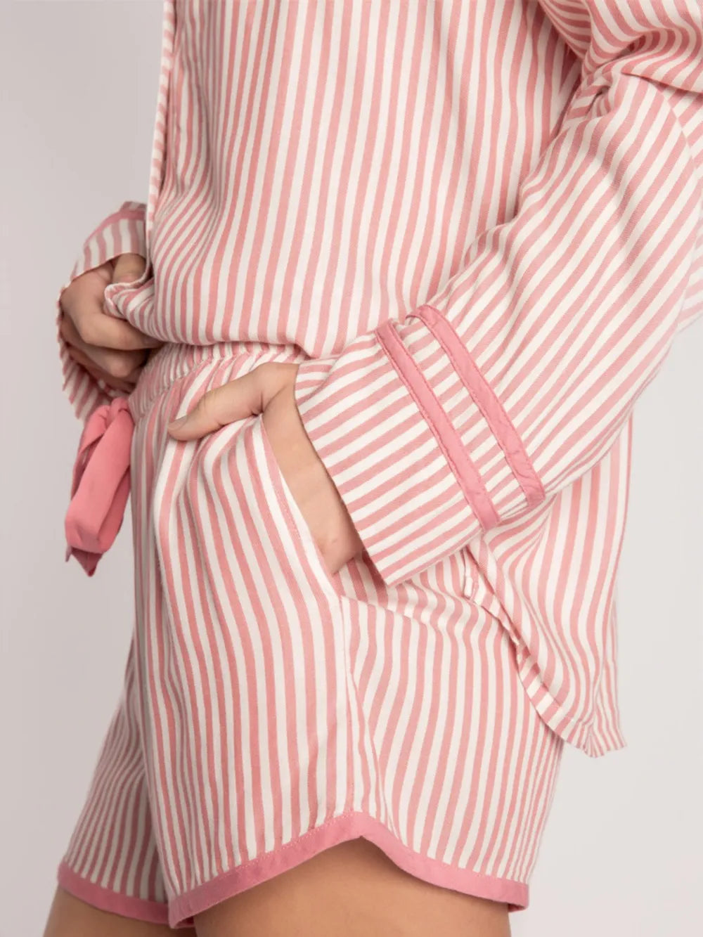 Striped Collared Neck Long Sleeve Top and Shorts Lounge Set -