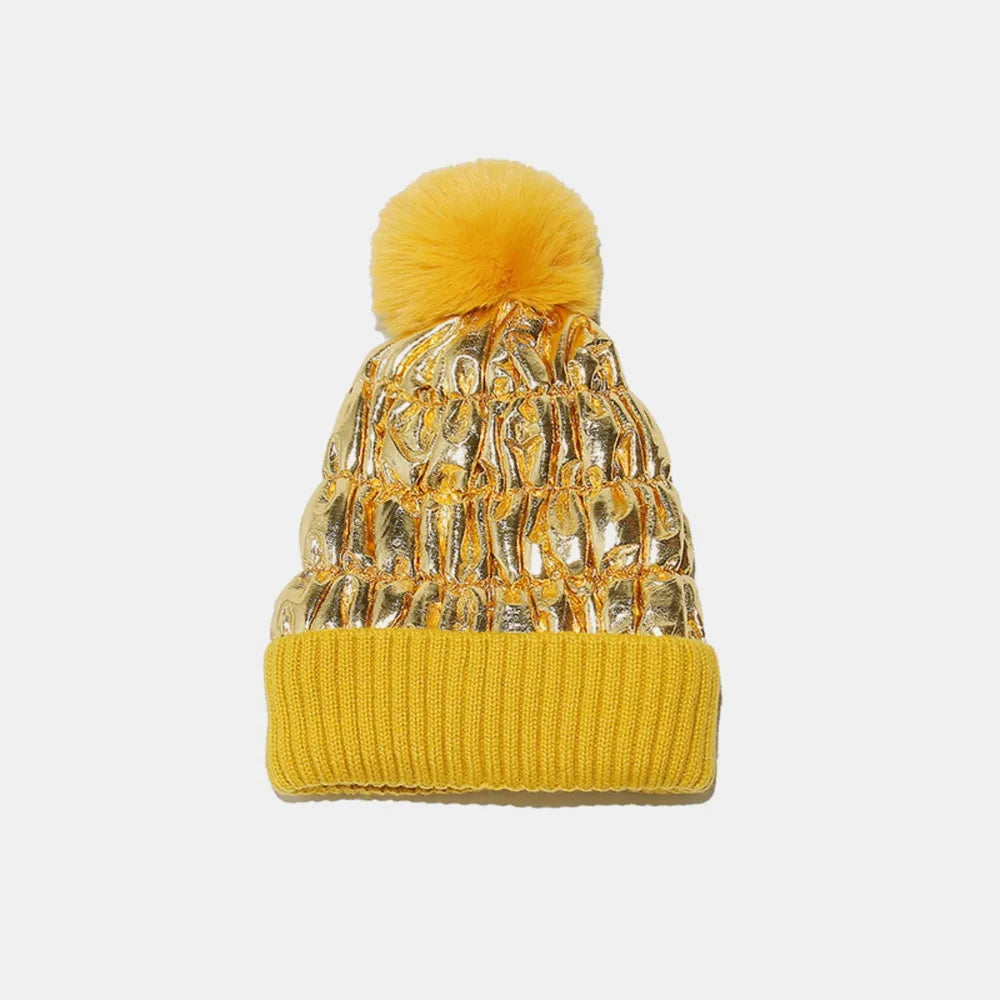 Thermal Knit Hat with Pompom - Gold One Size