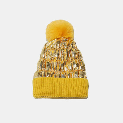 Thermal Knit Hat with Pompom - Gold One Size