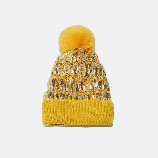 Thermal Knit Hat with Pompom - Gold One Size
