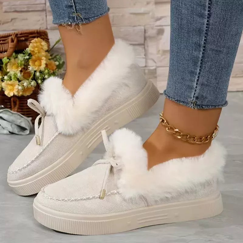Fuzzy Round Toe Slip-Ons - Beige