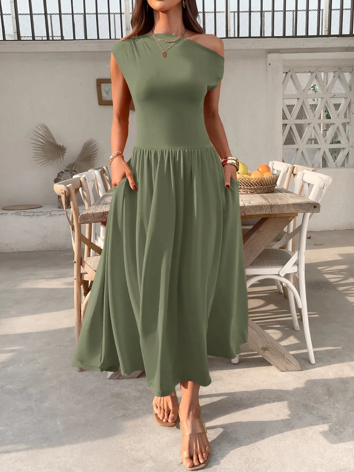Single Shoulder Midi Dress - Army Green
