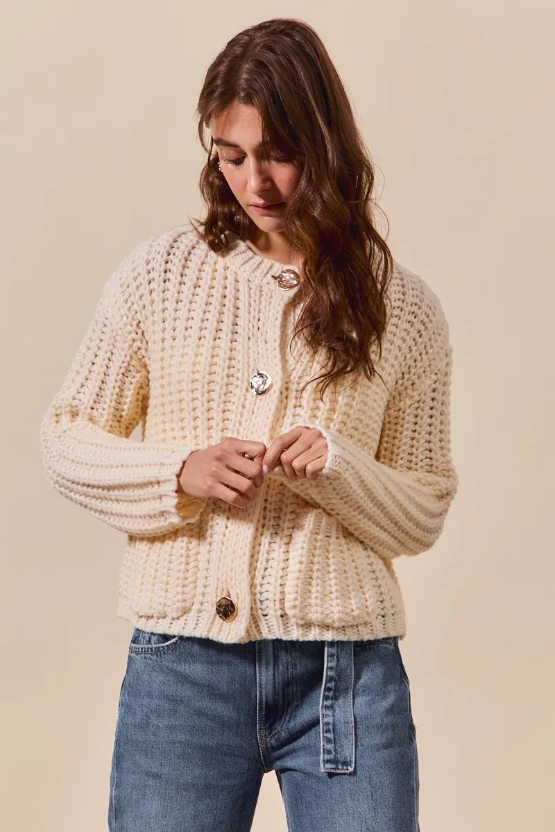 Metal Button Long Sleeve Chunky Sweater Cardigan - Cream