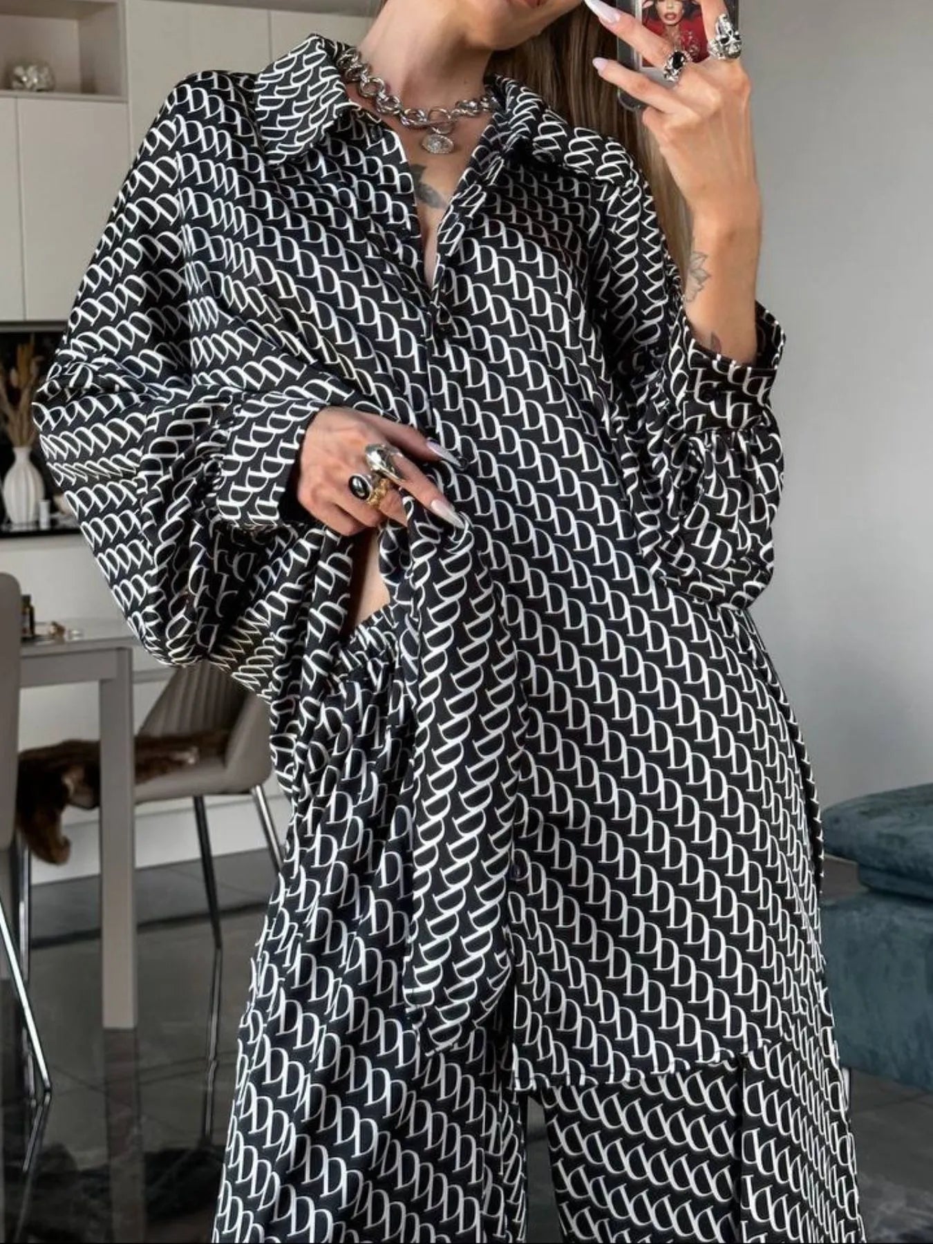 Printed Button Up Shirt and Pants Set -