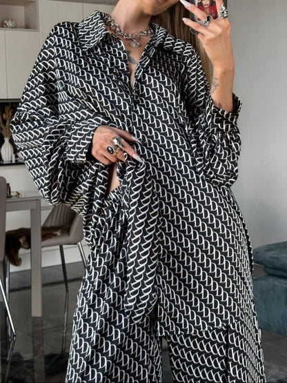Printed Button Up Shirt and Pants Set -