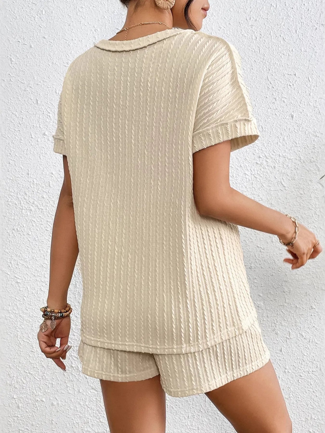 Texture Round Neck Top and Shorts Lounge Set -