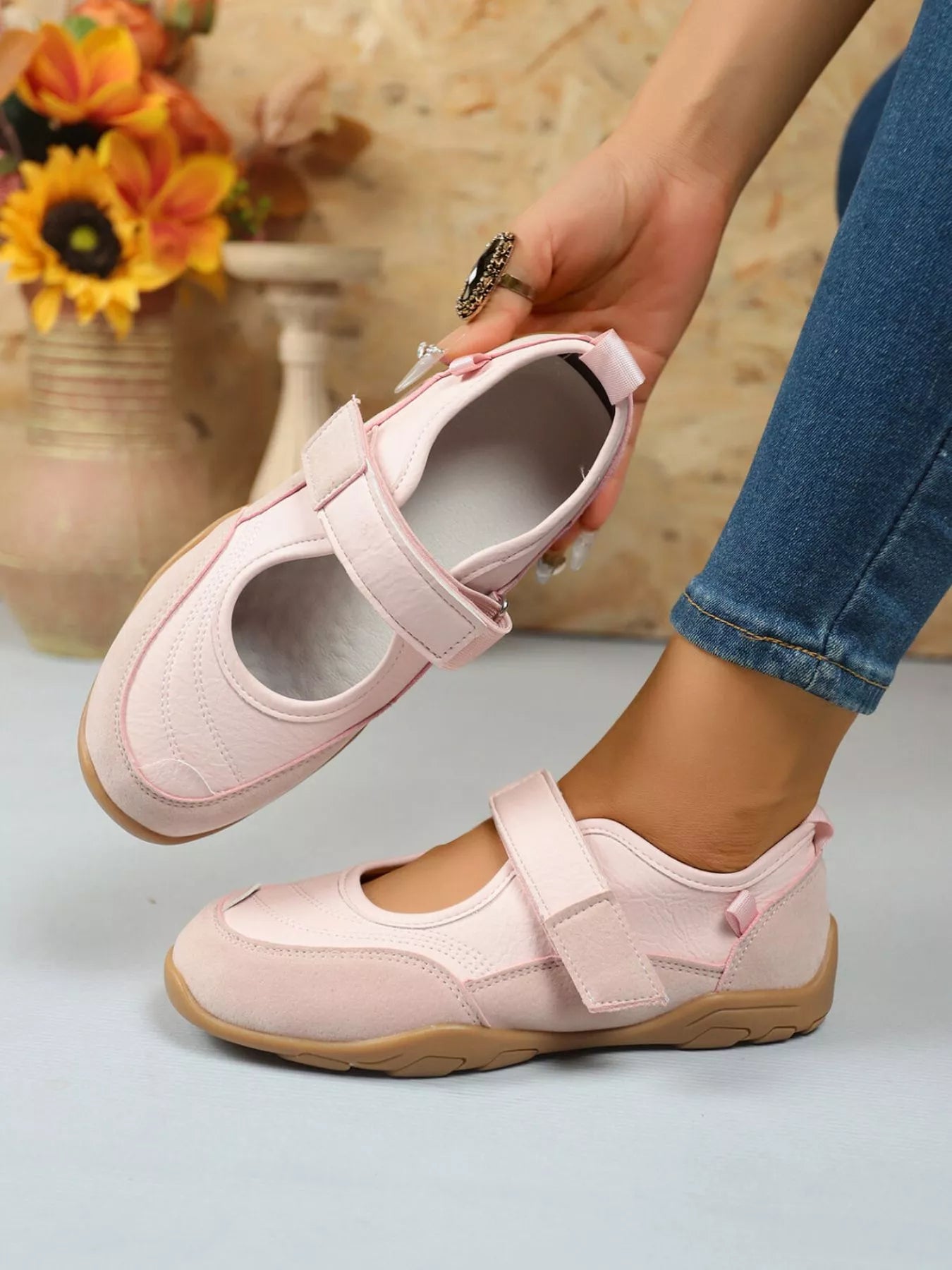 Round Toe Flats Velcro Strap Loafers -