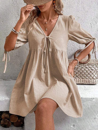 V-Neck Puff Sleeves Mini Dress -